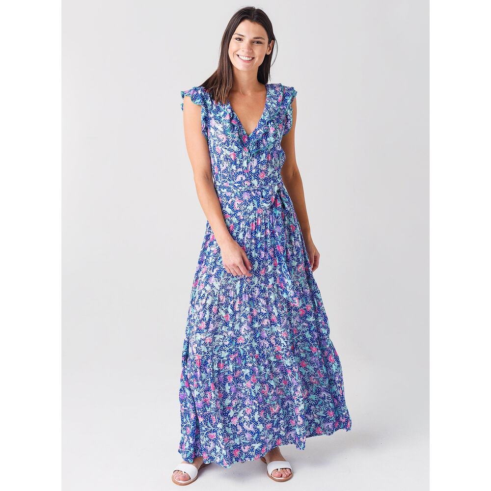 Poupette St Barth Della Blue Floral Ruffle Maxi Dress XS Boho Resort